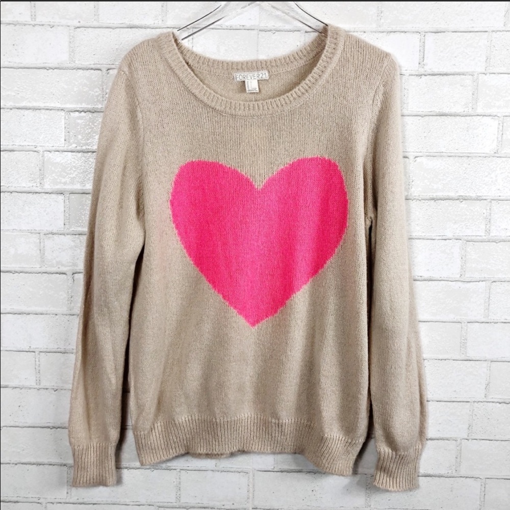 FOREVER 21 Intarsia Neon Pink Heart sweater